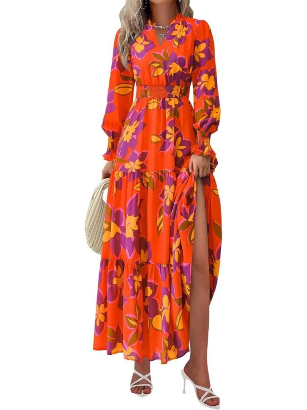 PrettyGarden Women's Floral Orange Purple V Neck A Line Flowy Maxi Long Dress